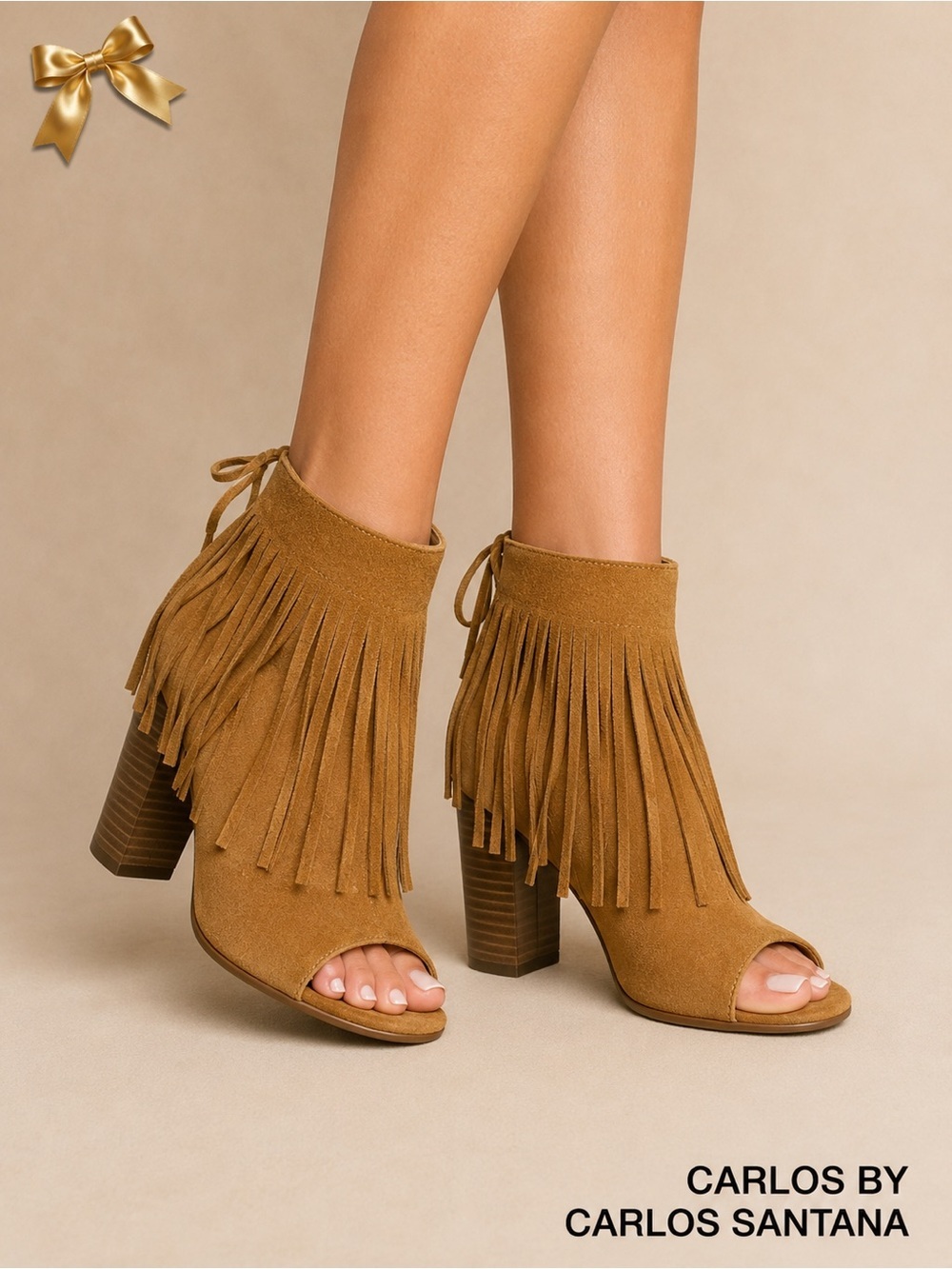 Carlos by Carlos Santana Tan Suede Fringe Peep Toe Block Heel Booties 7.5 M